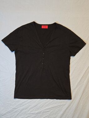 Hugo Black V Neck Henley Half Button Down T Shirt